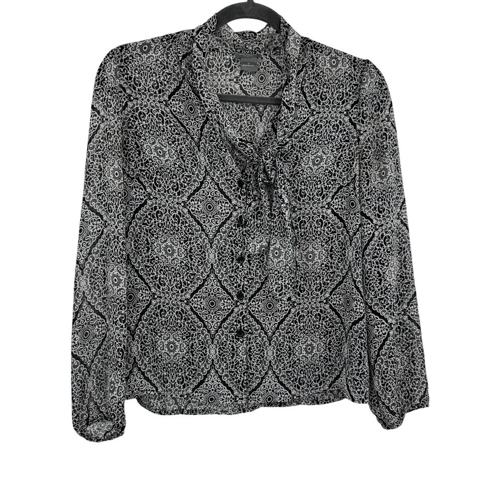 Ann Taylor Womens 2P Petite Black Long Sleeve Neck Tie Printed Top Blouse